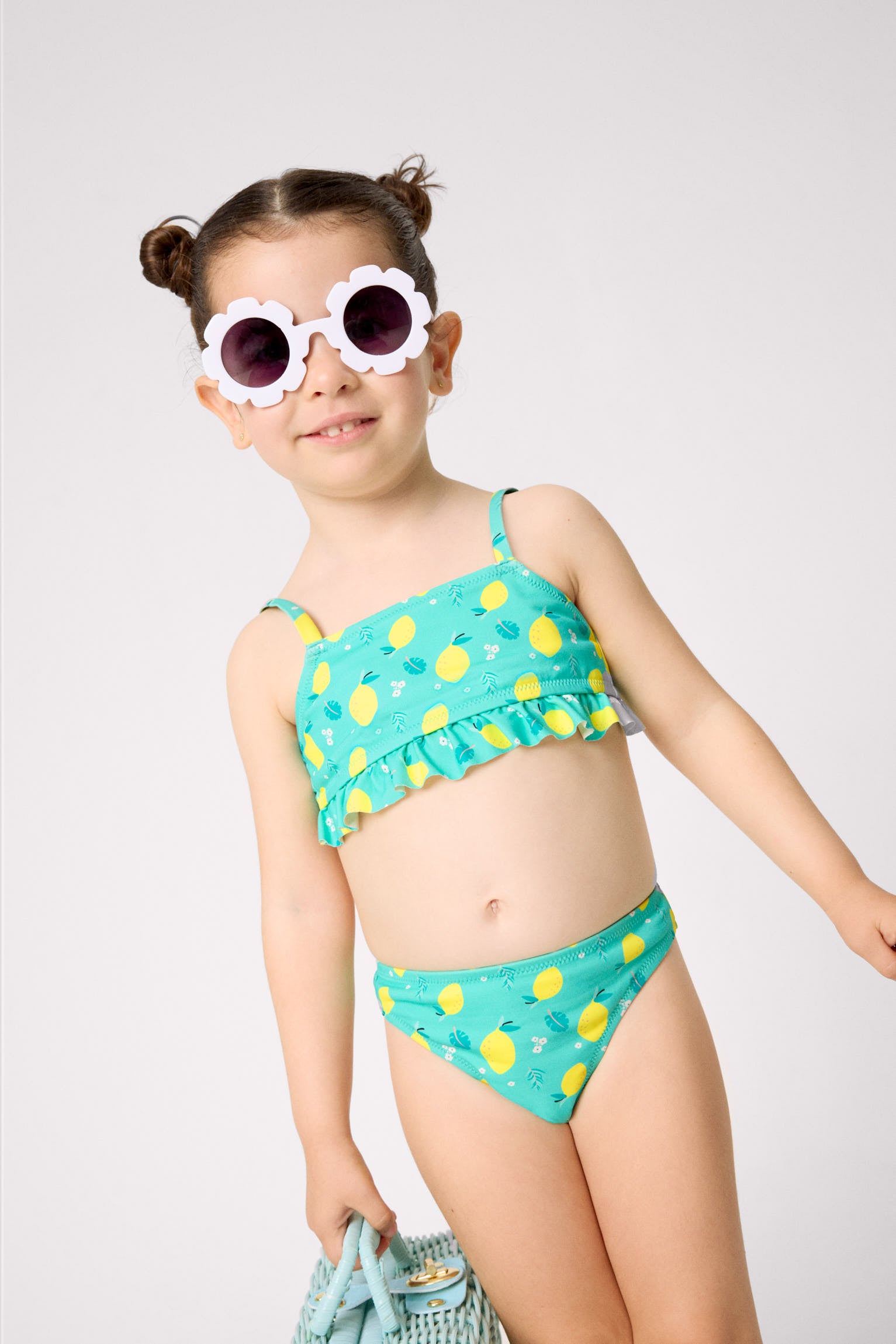 Bikini pour fille avec détails à volants imprimé citron