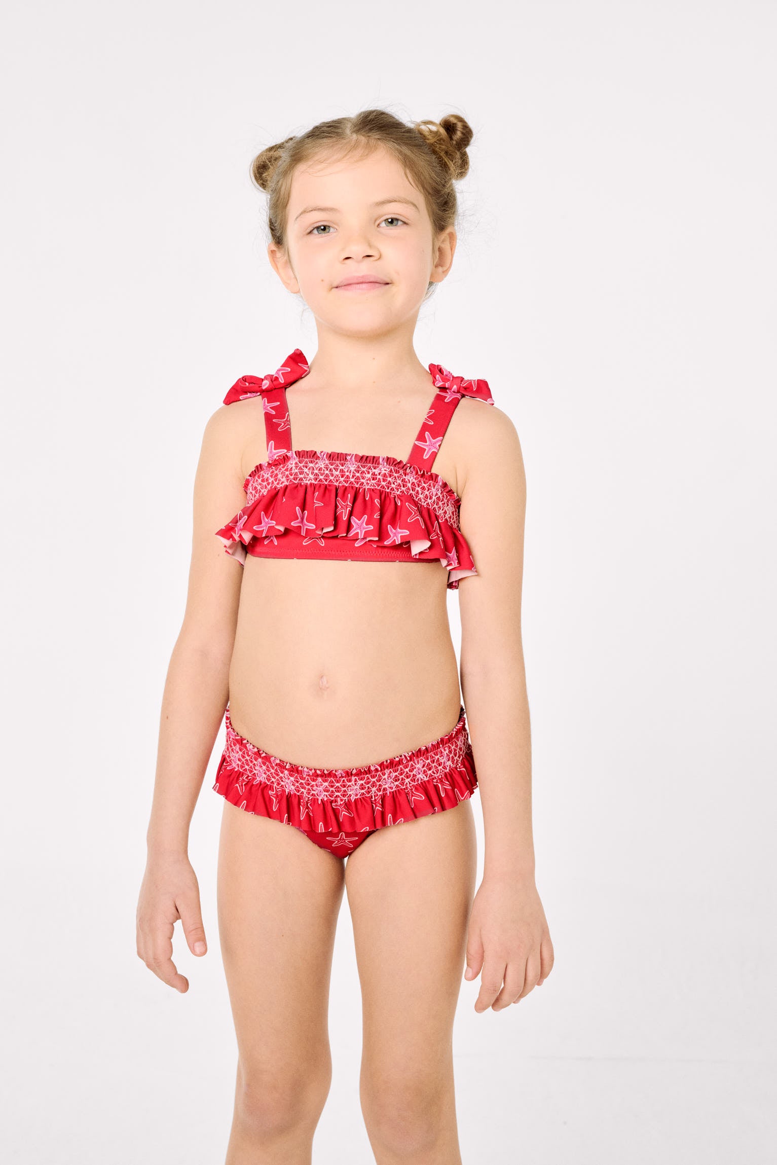 Bikini pour fille avec détails à volants et motif nid d'abeille orné d'étoiles de mer