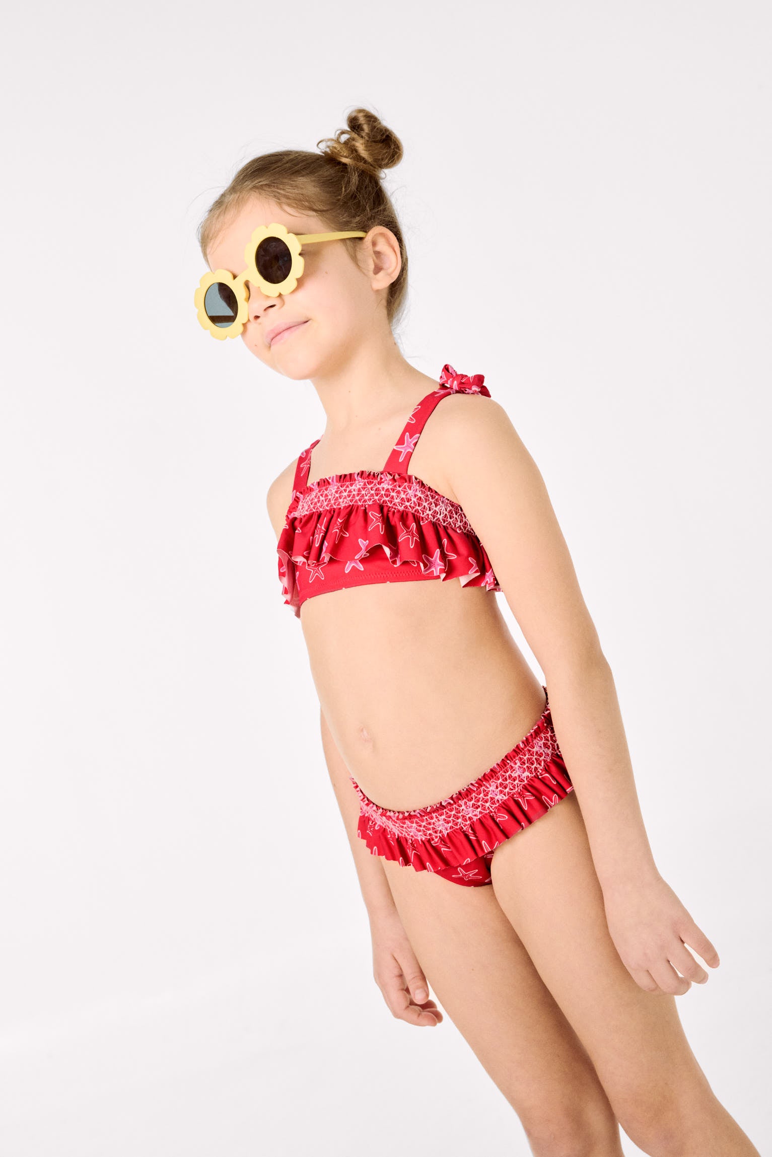 Bikini pour fille avec détails à volants et motif nid d'abeille orné d'étoiles de mer