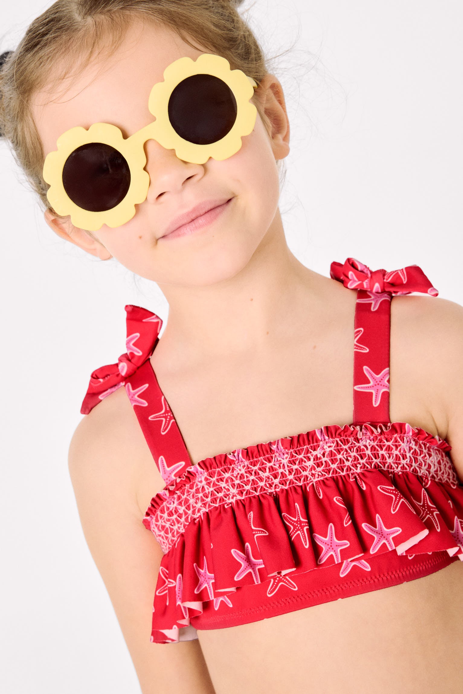 Bikini pour fille avec détails à volants et motif nid d'abeille orné d'étoiles de mer