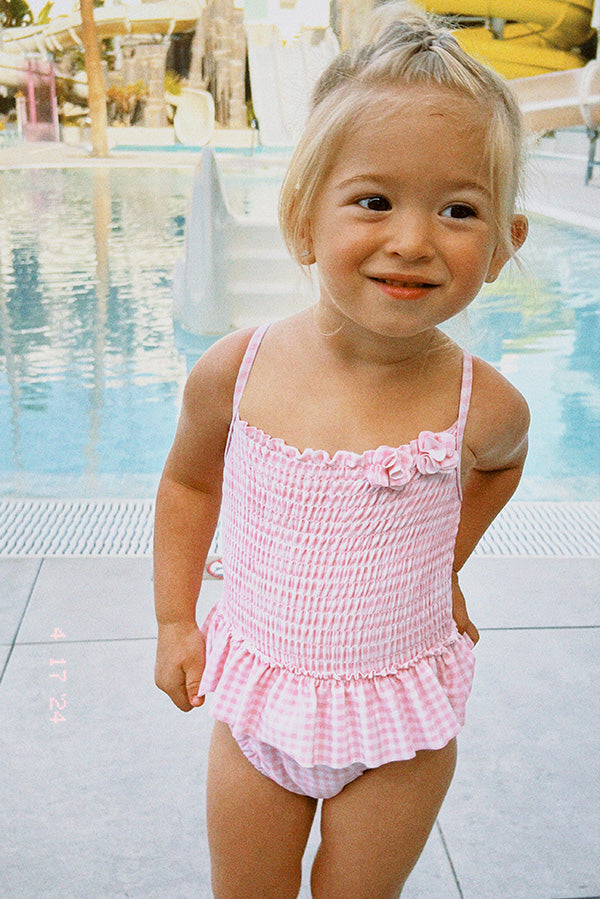 Maillot de bain bébé nid d'abeille vichy rose