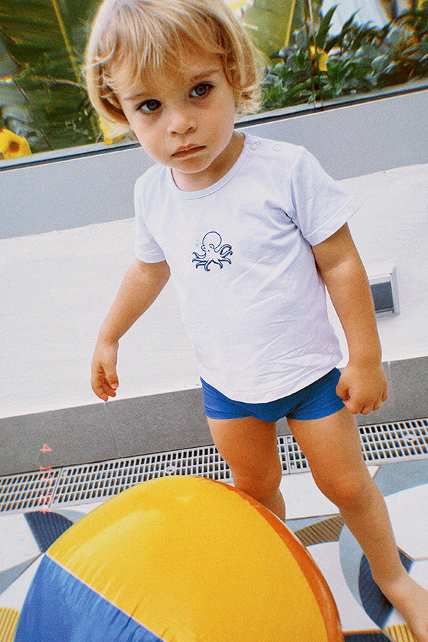 Ensemble bébé maillot de bain boxer et t-shirt poulpe blanc