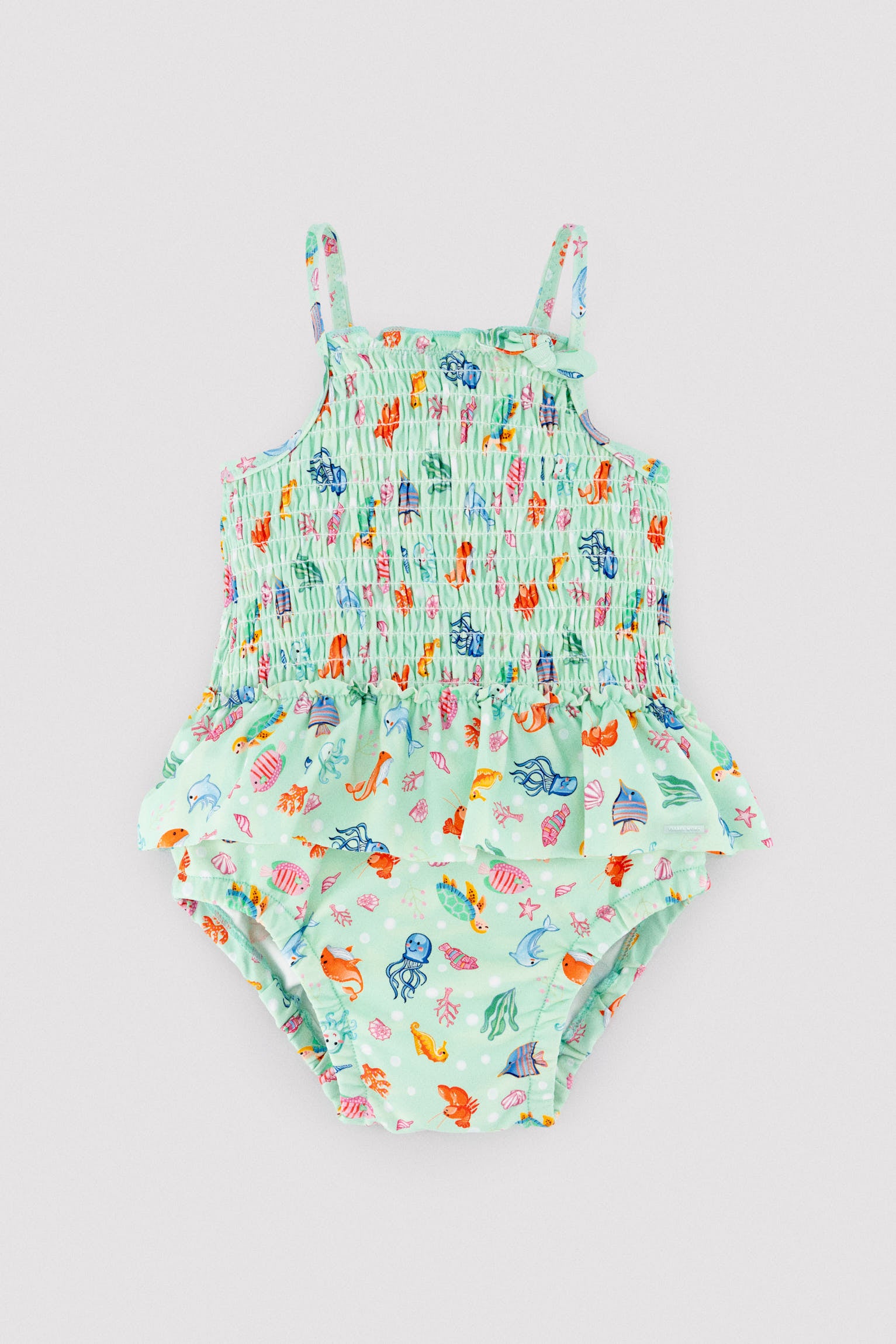 Bañador bebé niña detalle volante y nido de abeja estampado fauna marina - Ysabel Mora