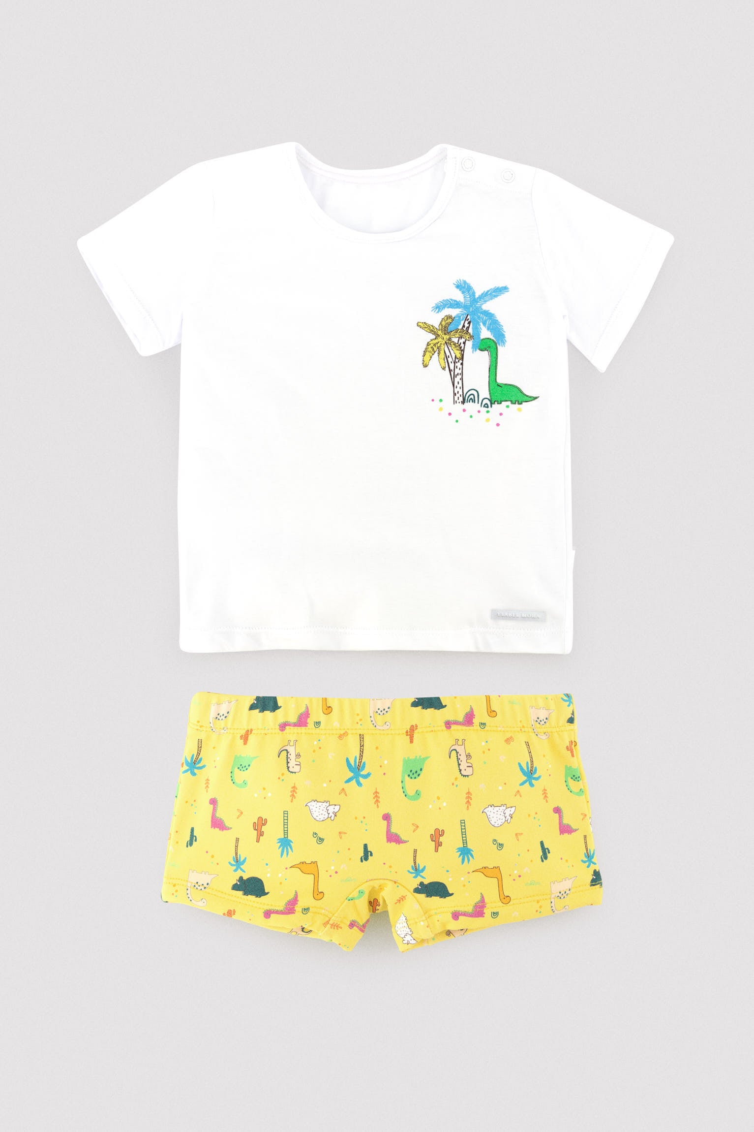 Conjunto camiseta y bañador bóxer bebé estampado dinosaurios - Ysabel Mora