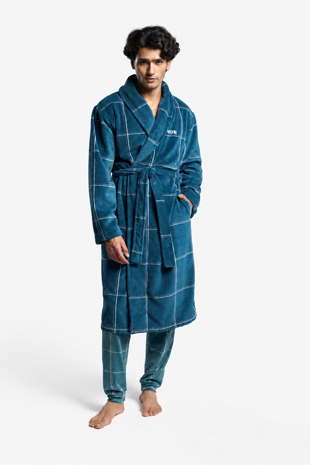 Peignoir long homme polaire corail à carreaux