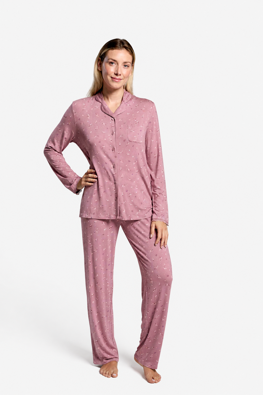 Pyjama long chemisier léger femme rose à petites fleurs