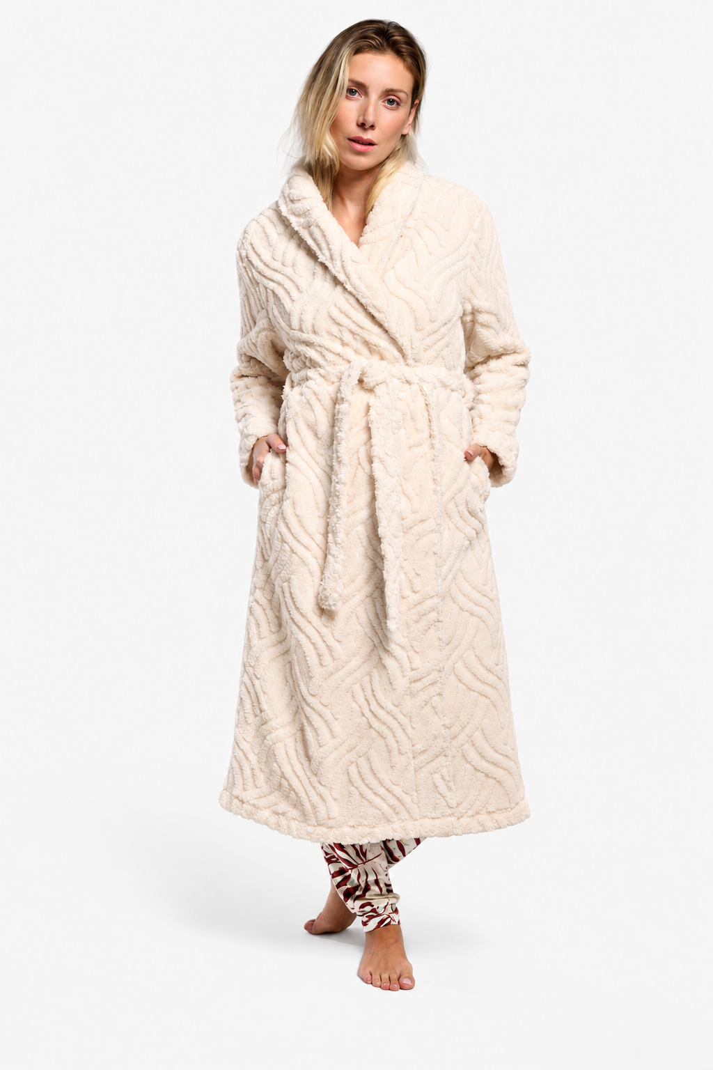 Peignoir long femme polaire sherpa blanc texturé ivoire