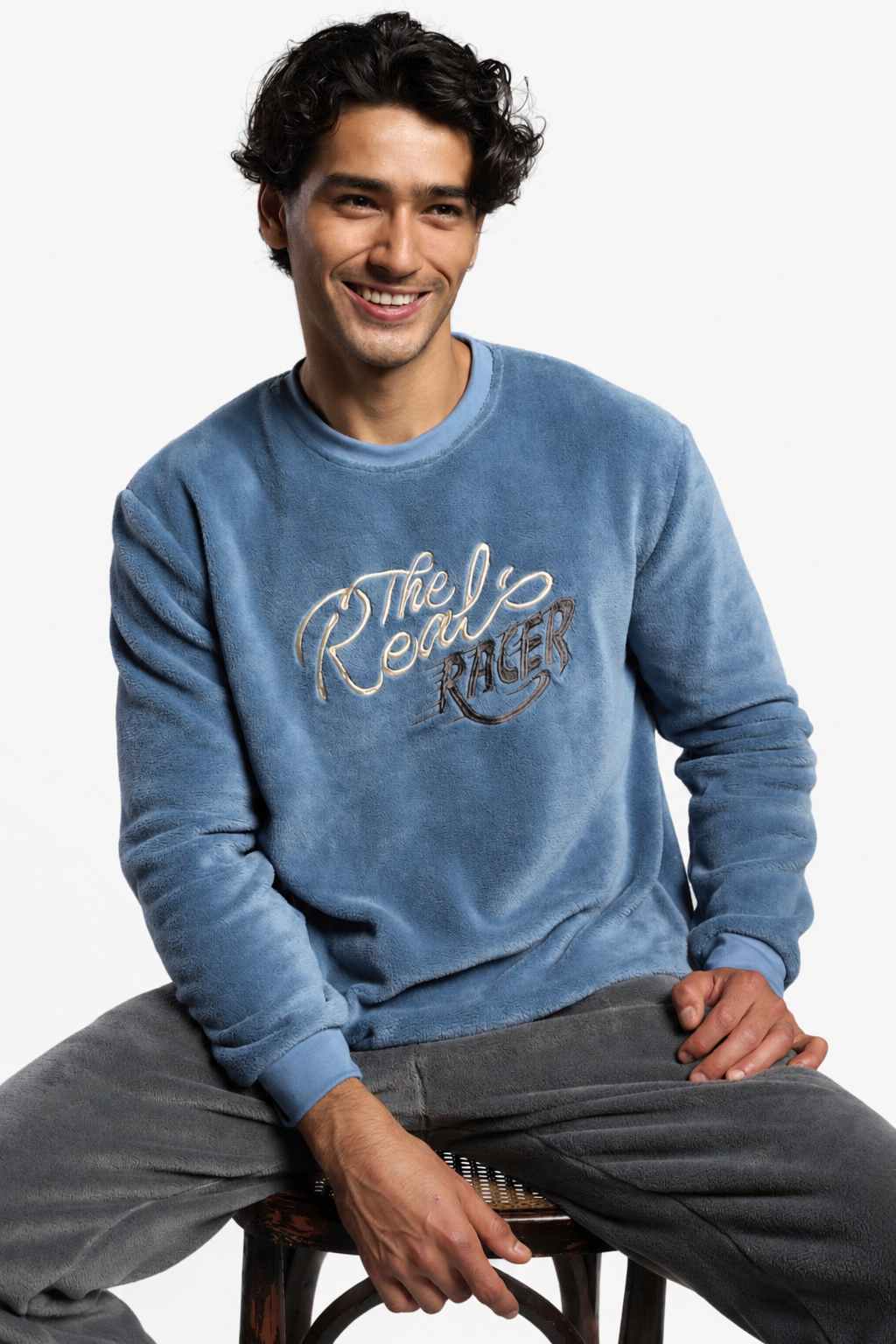 Pyjama long homme polaire corail bleu et gris The Real Racer