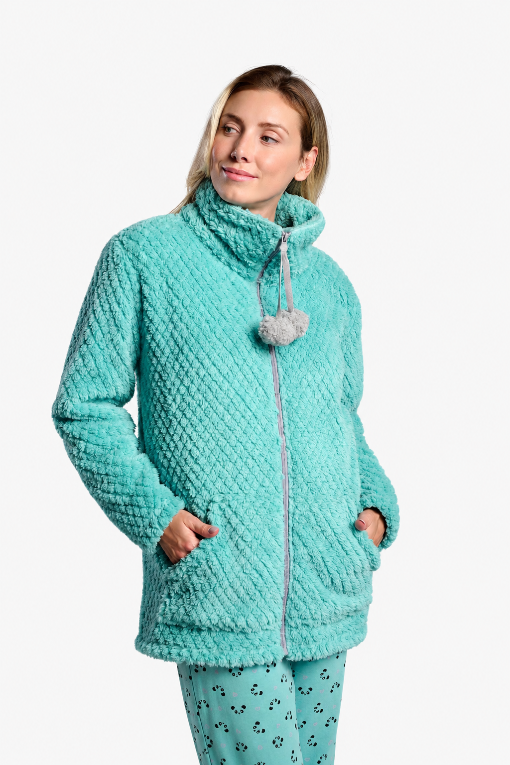 Peignoir court femme polaire sherpa vert détail pompons