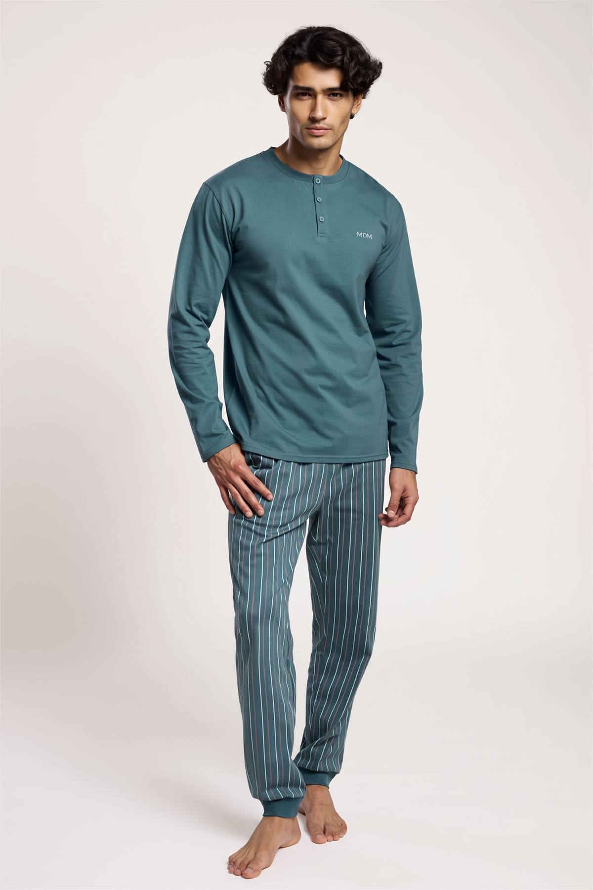 Pyjama long homme coton col henley rayé