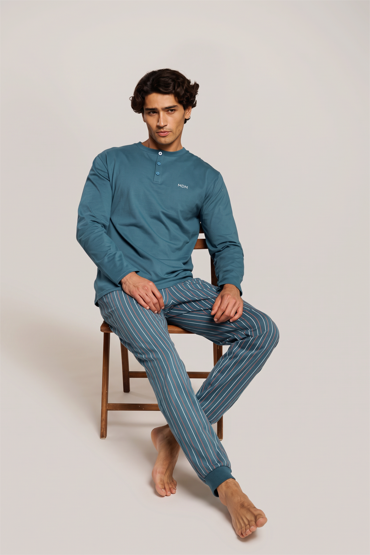 Pyjama long homme coton col henley rayé