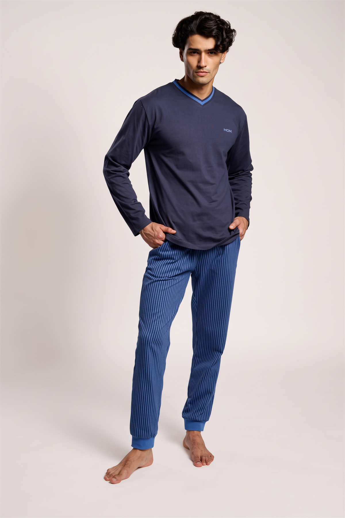 Pyjama long homme coton col V rayures verticales