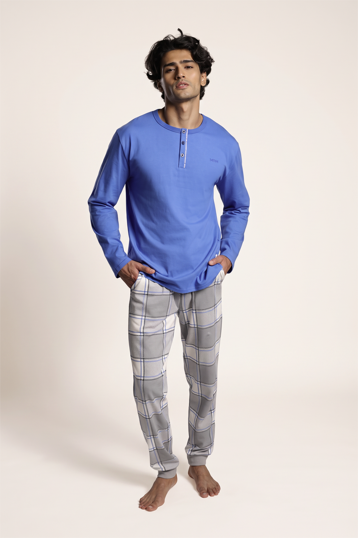 Pyjama long homme coton col henley à carreaux
