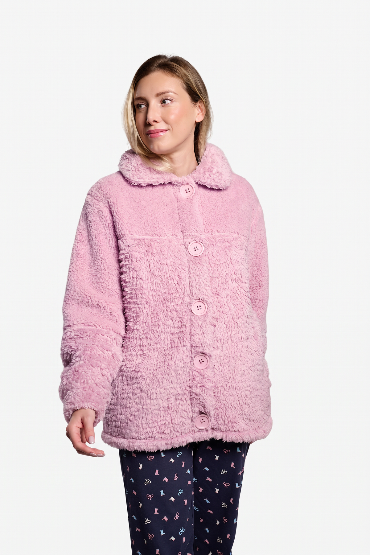 Peignoir court femme polaire sherpa rose avec boutons