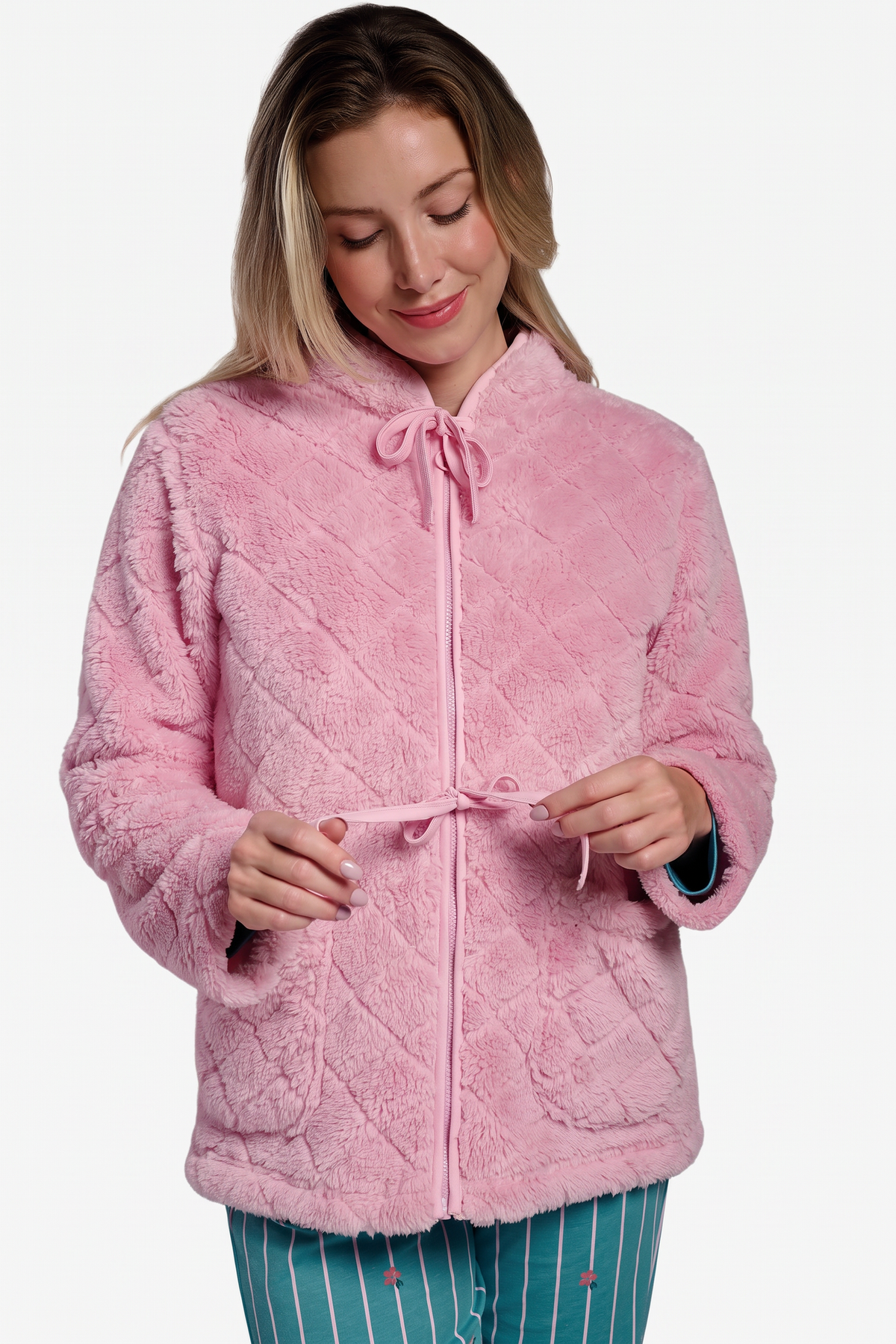 Peignoir court femme polaire sherpa rose détails nœuds