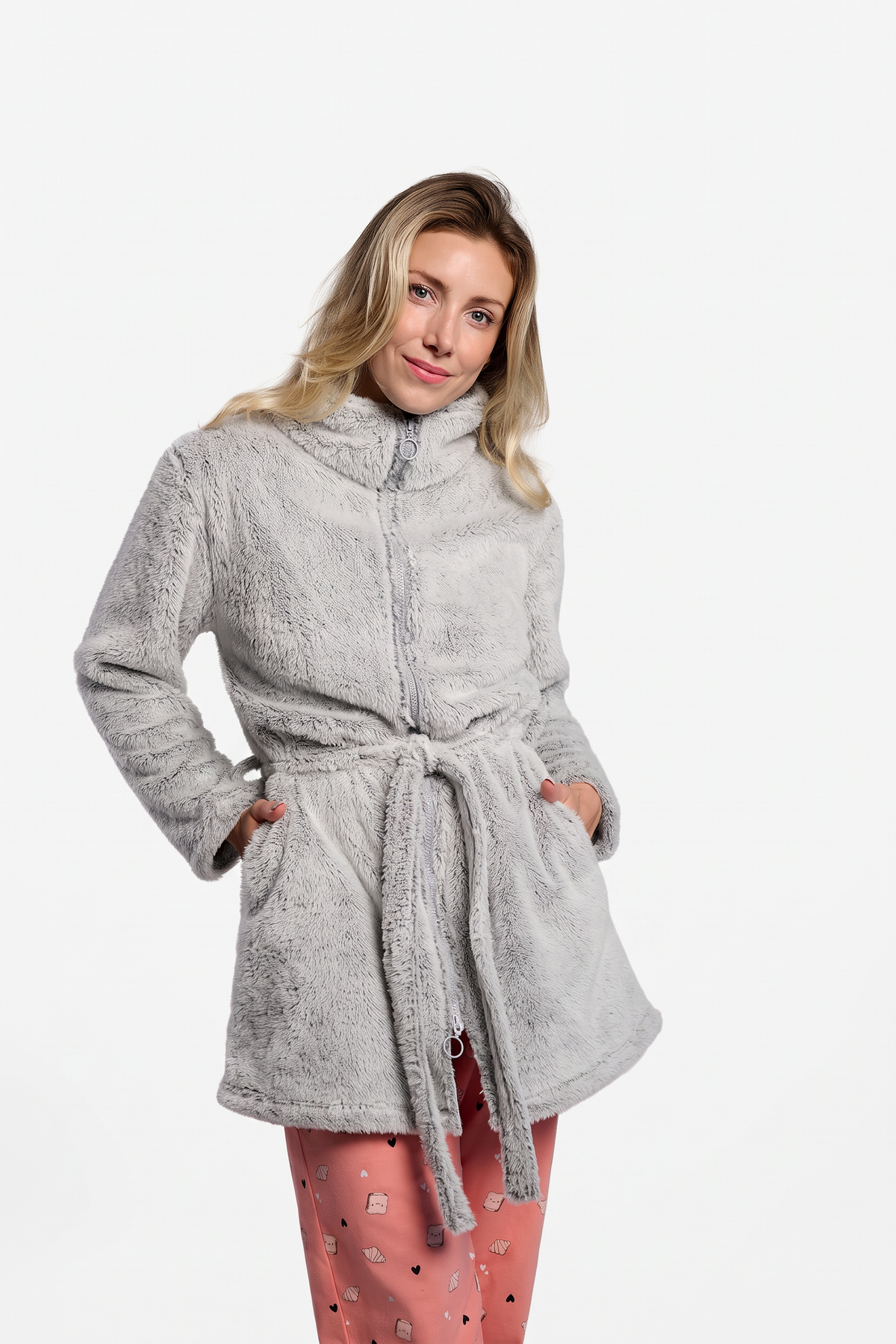 Peignoir court femme polaire corail gris