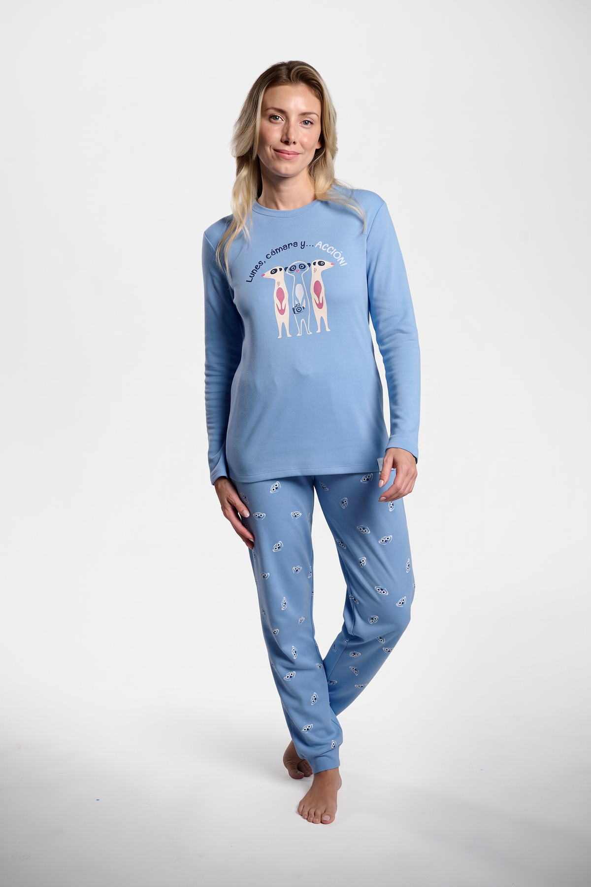 Pyjama long femme molletonné bleu suricates