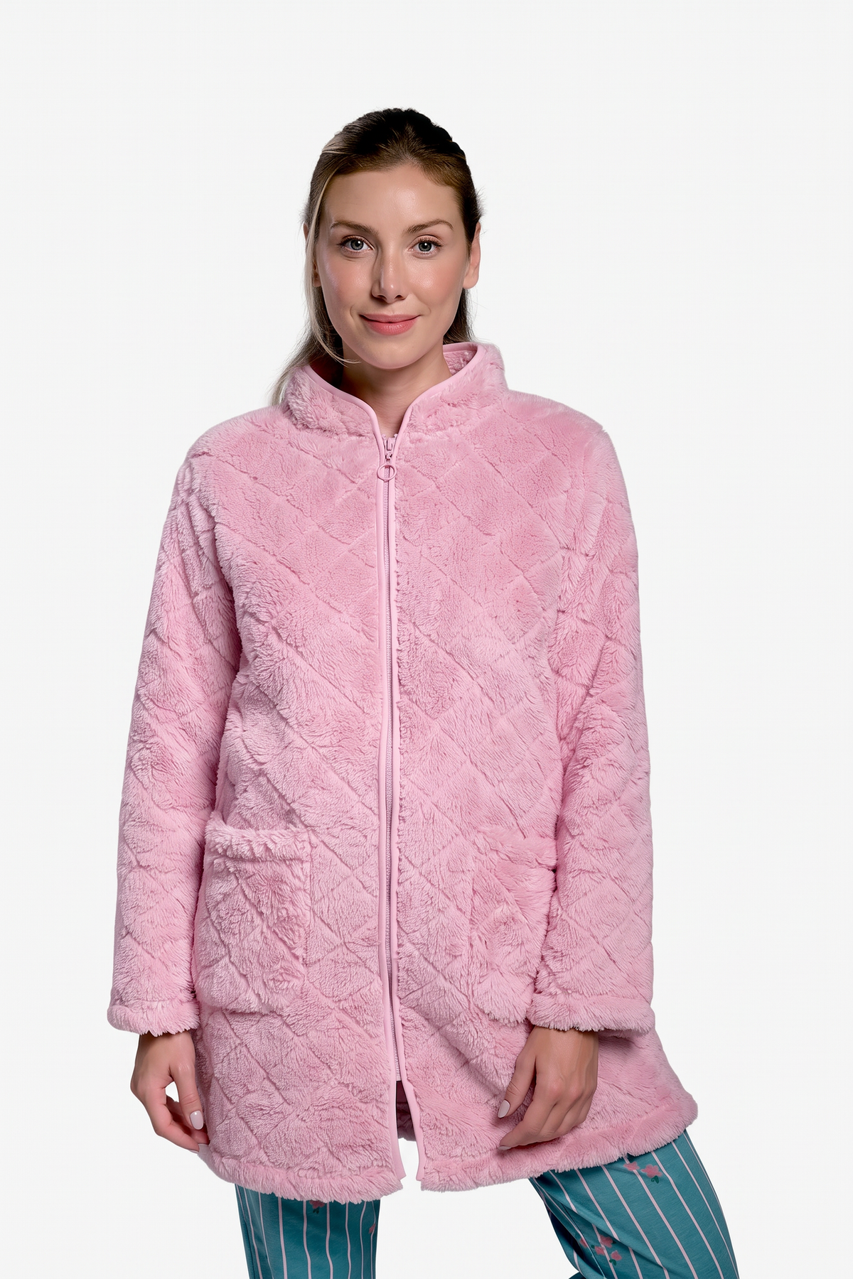 Peignoir court femme polaire sherpa rose avec zip