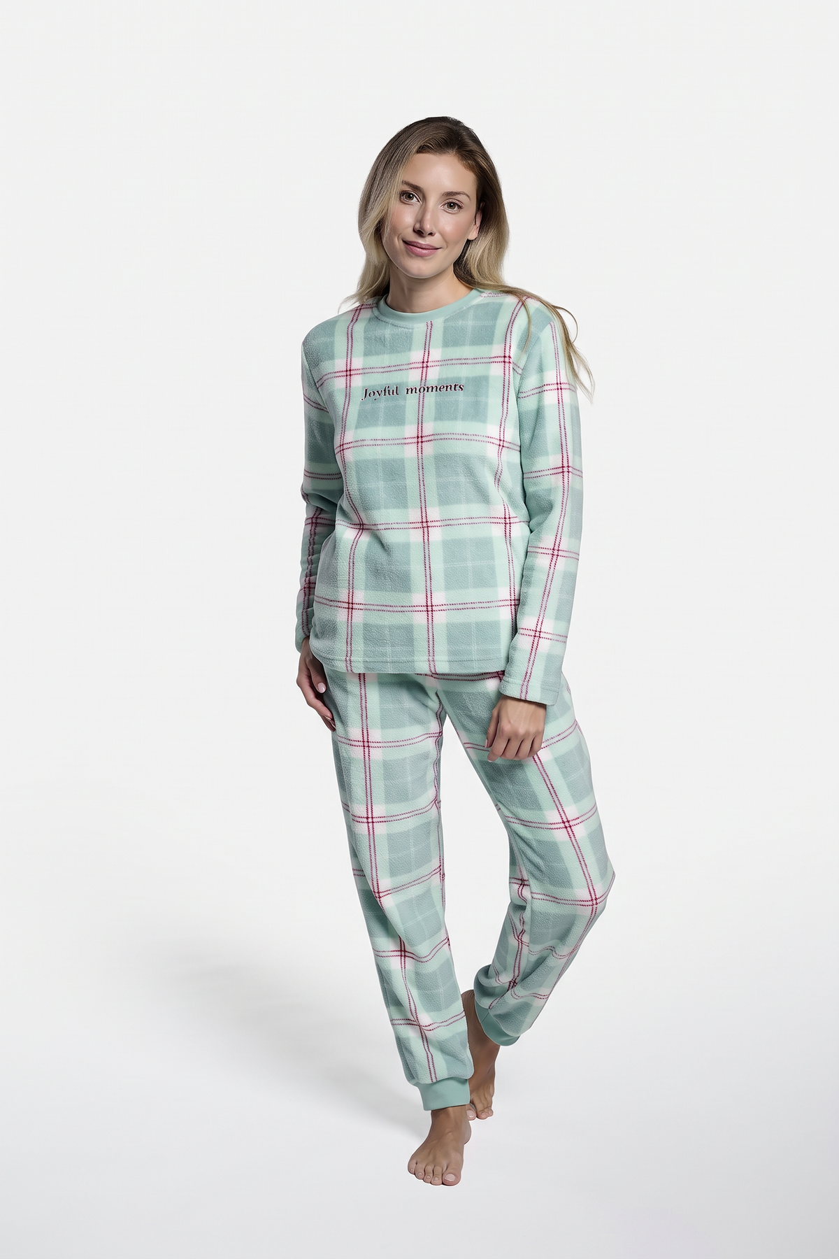 Pyjama long femme polaire corail à carreaux vert aqua