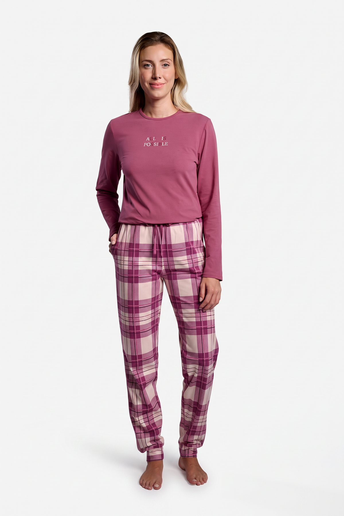 Pyjama long femme haut coton et pantalon flanelle à carreaux