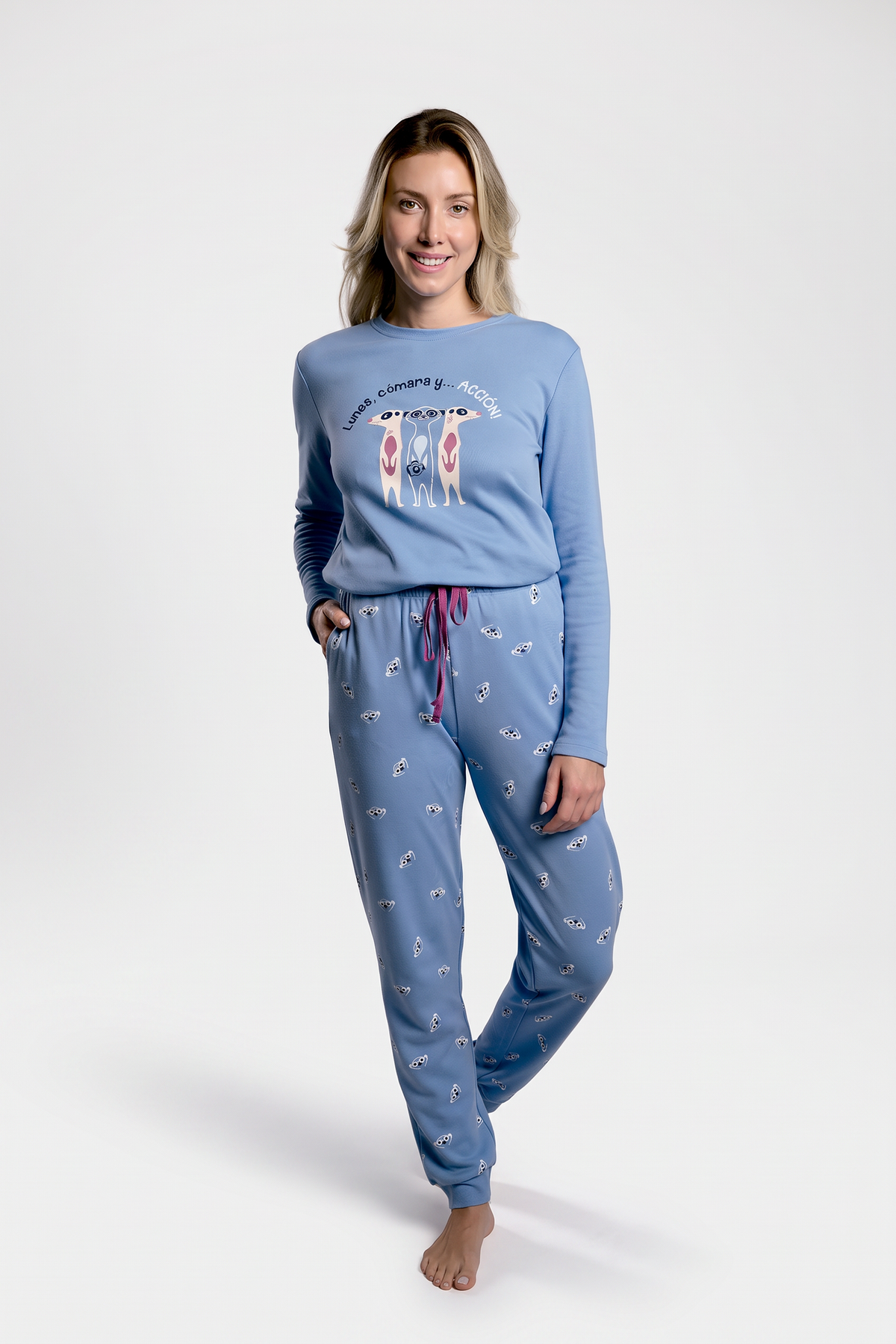 Pyjama long femme molletonné bleu suricates
