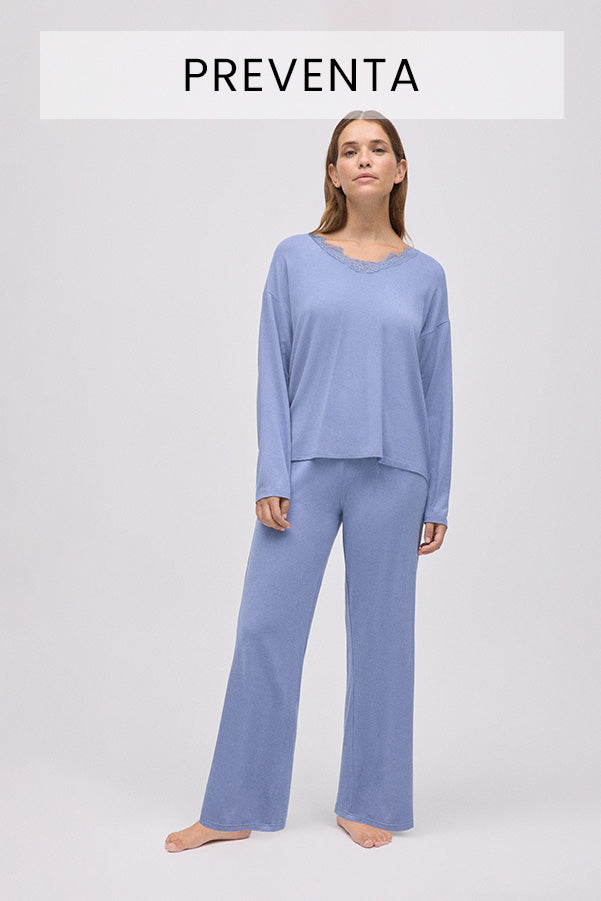 PRÉVENTE Pyjama long en modal extra doux avec pantalon bleu à jambes larges