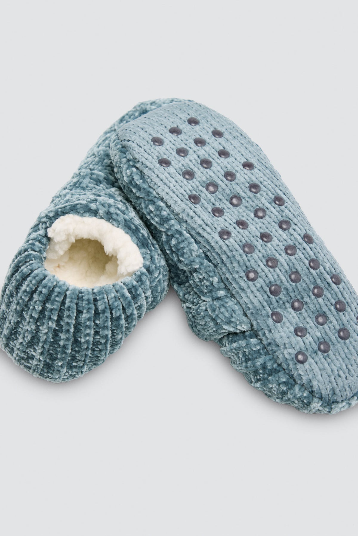 Chaussons femme veloutés antidérapants doublés sherpa bleu
