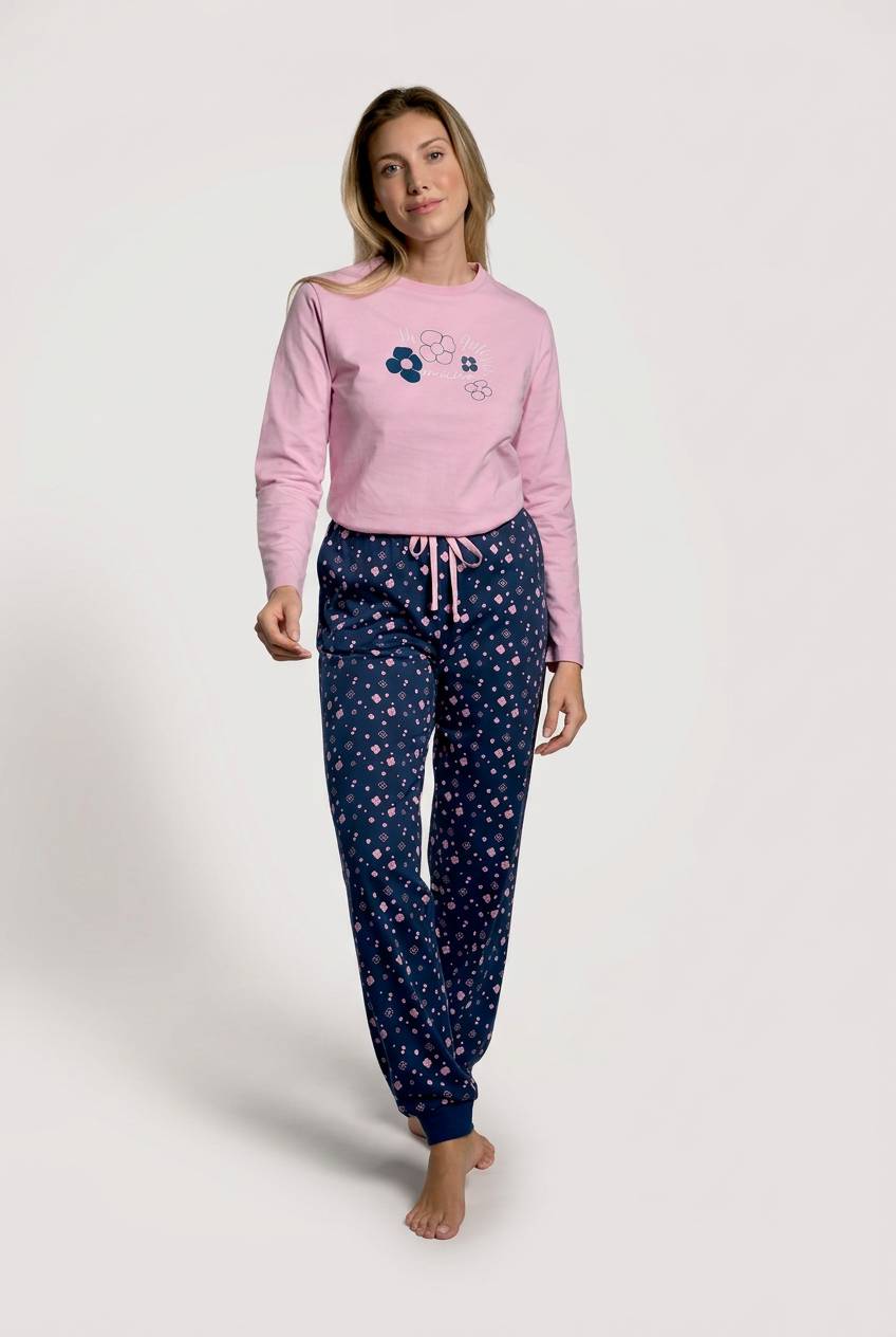 Pyjama long femme coton imprimé fleurs