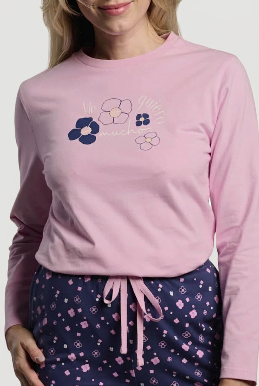 Pyjama long femme coton imprimé fleurs