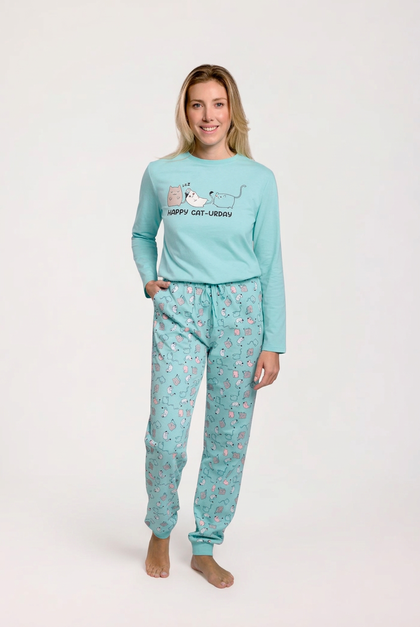 Pyjama long femme coton bleu imprimé chats