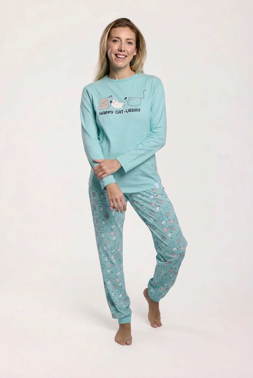 Pyjama long femme coton bleu imprimé chats