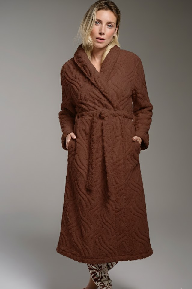 Peignoir long femme polaire sherpa marron