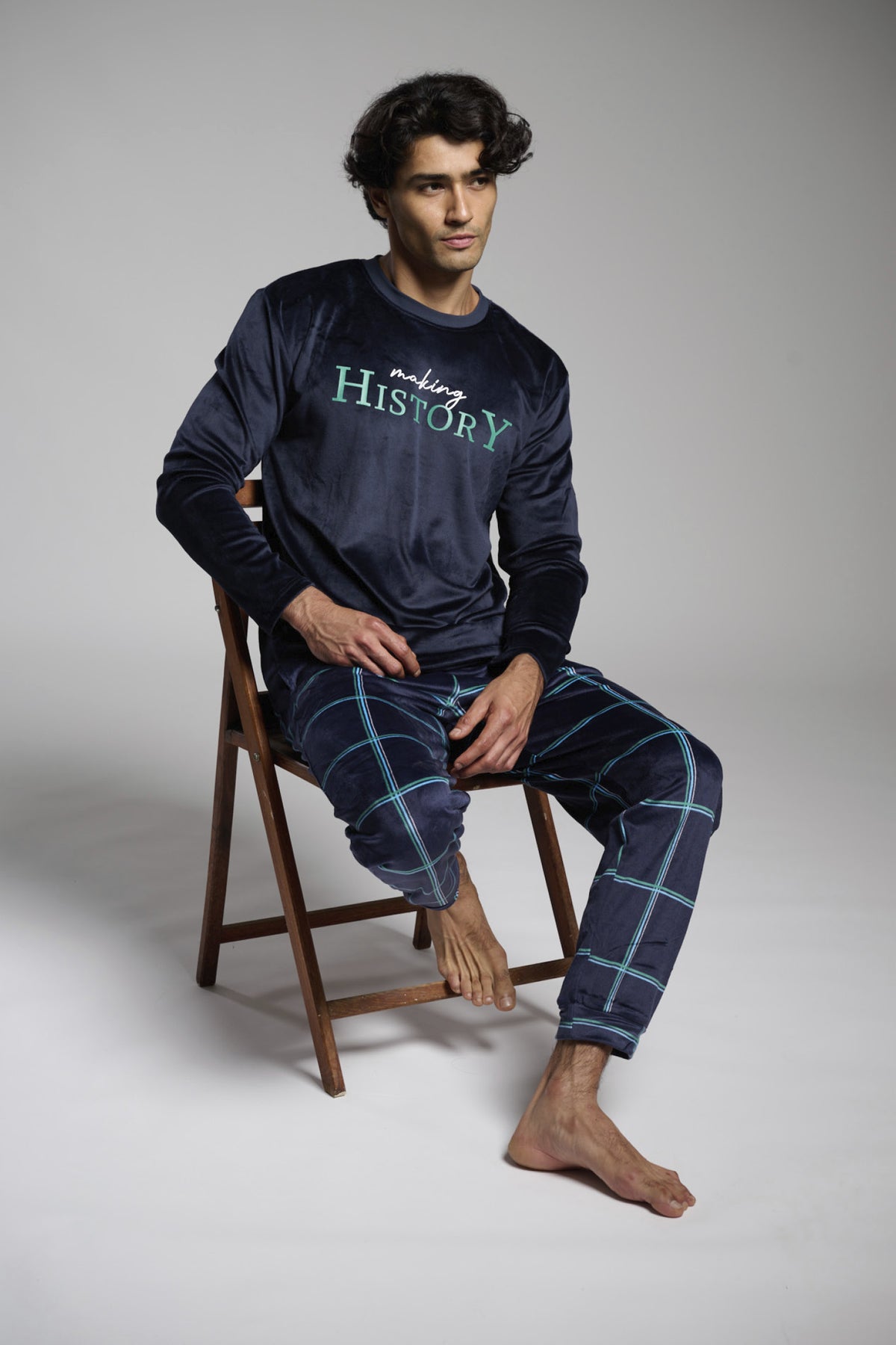 Pyjama long homme velours Making History à carreaux