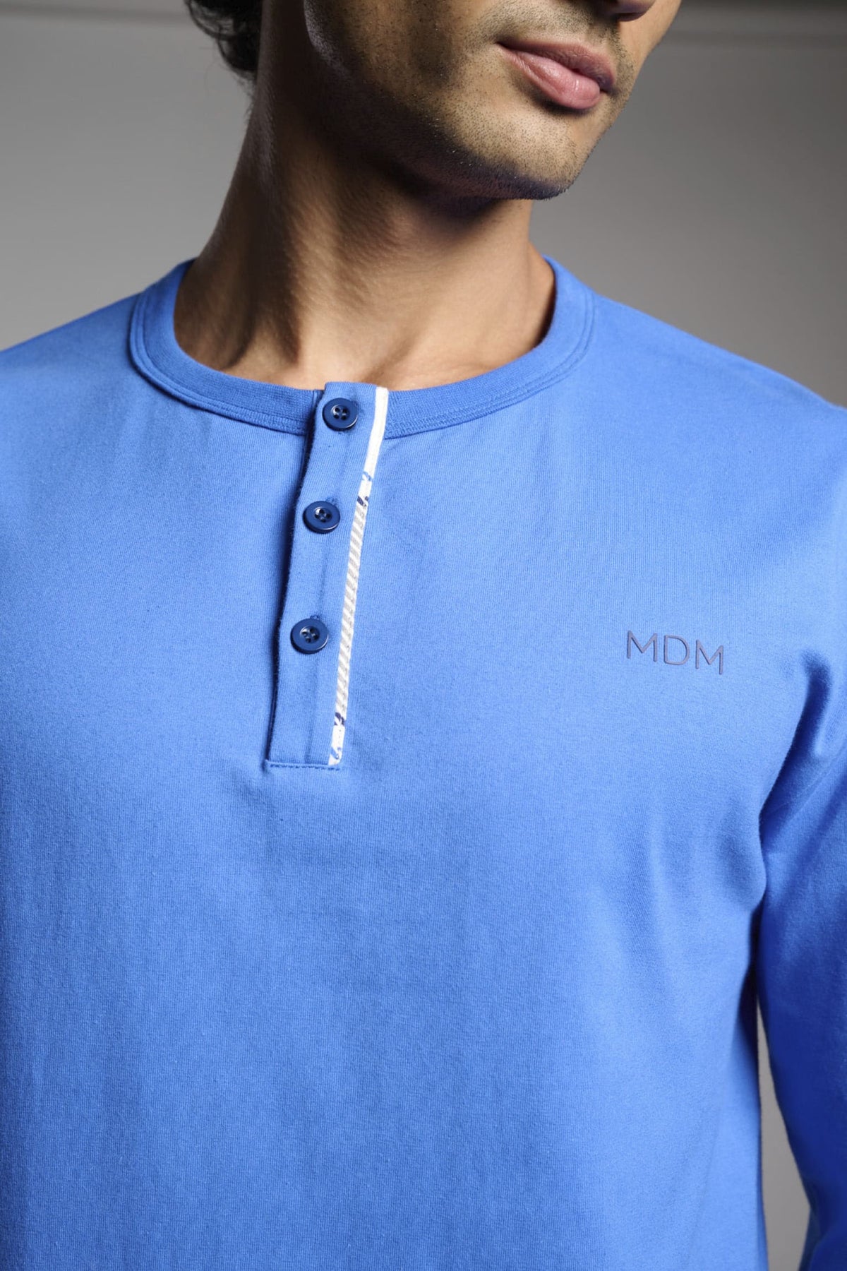 Pyjama long homme coton col henley à carreaux