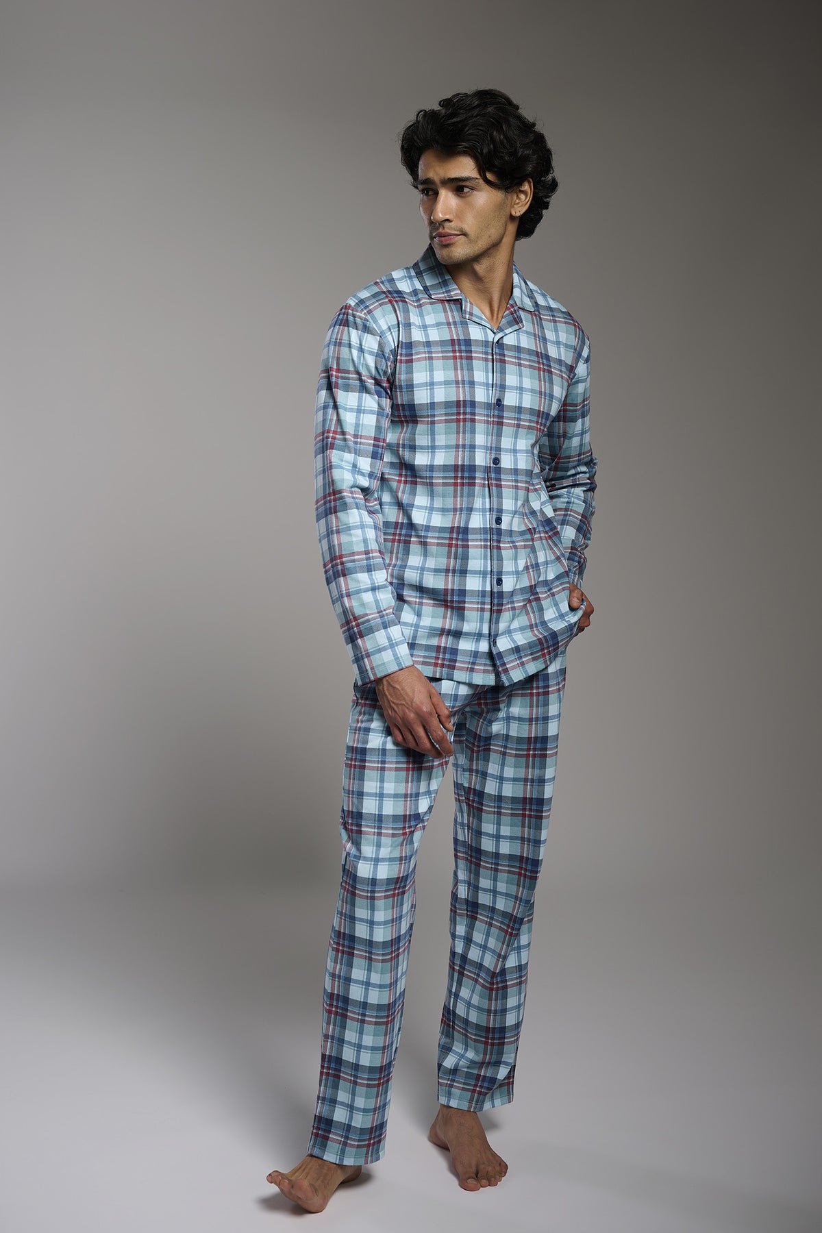 Pyjama chemise long homme coton à carreaux