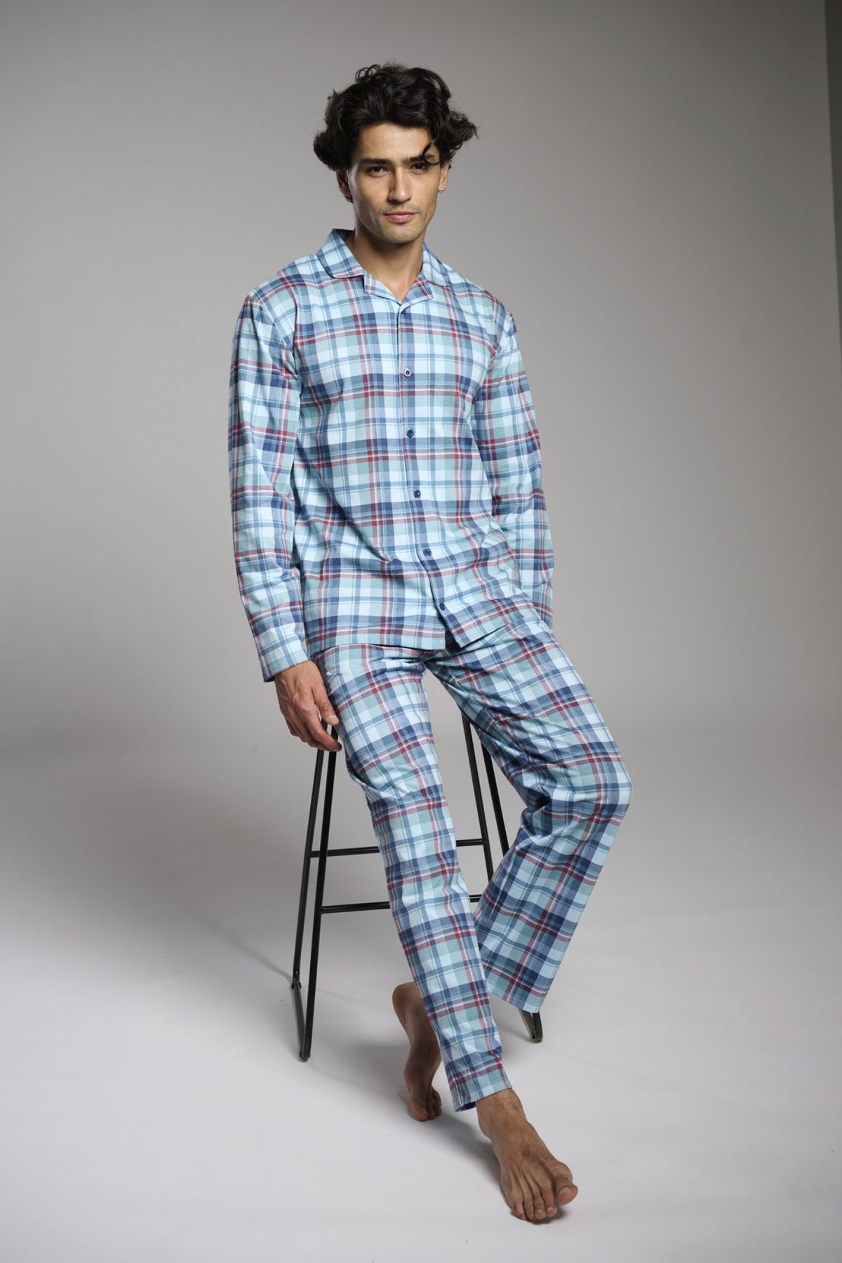 Pyjama chemise long homme coton à carreaux