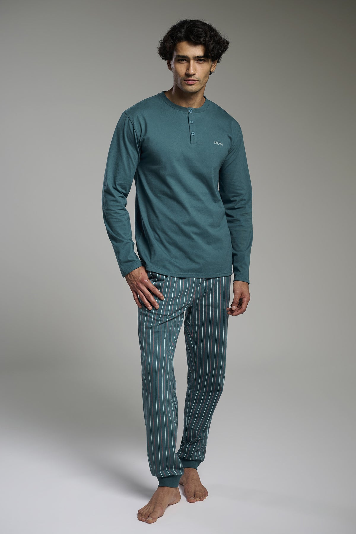 Pyjama long homme coton col henley rayé