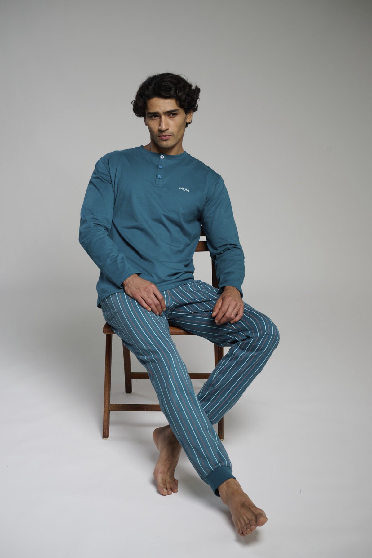 Pyjama long homme coton col henley rayé