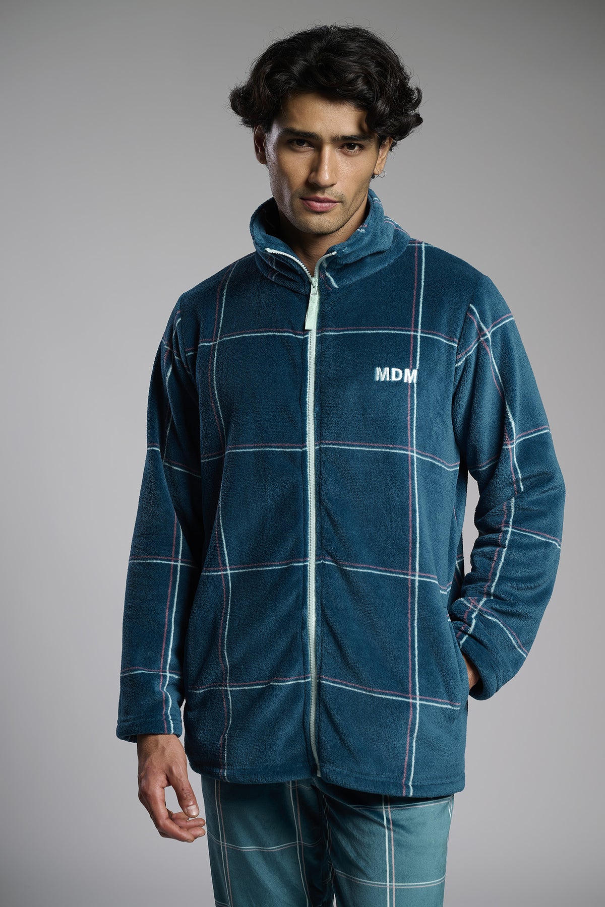 Peignoir court homme polaire corail à carreaux fermeture zippée