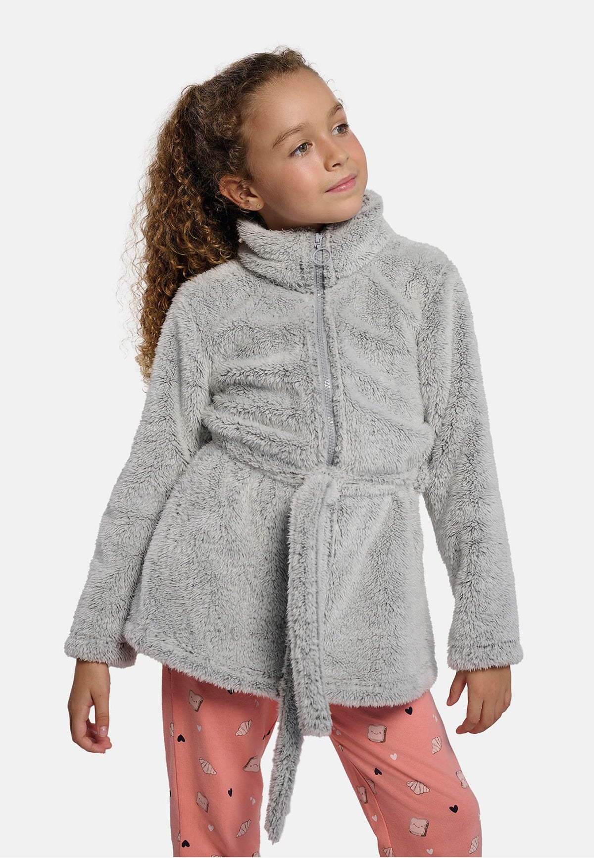 Peignoir fille polaire corail gris avec ceinture