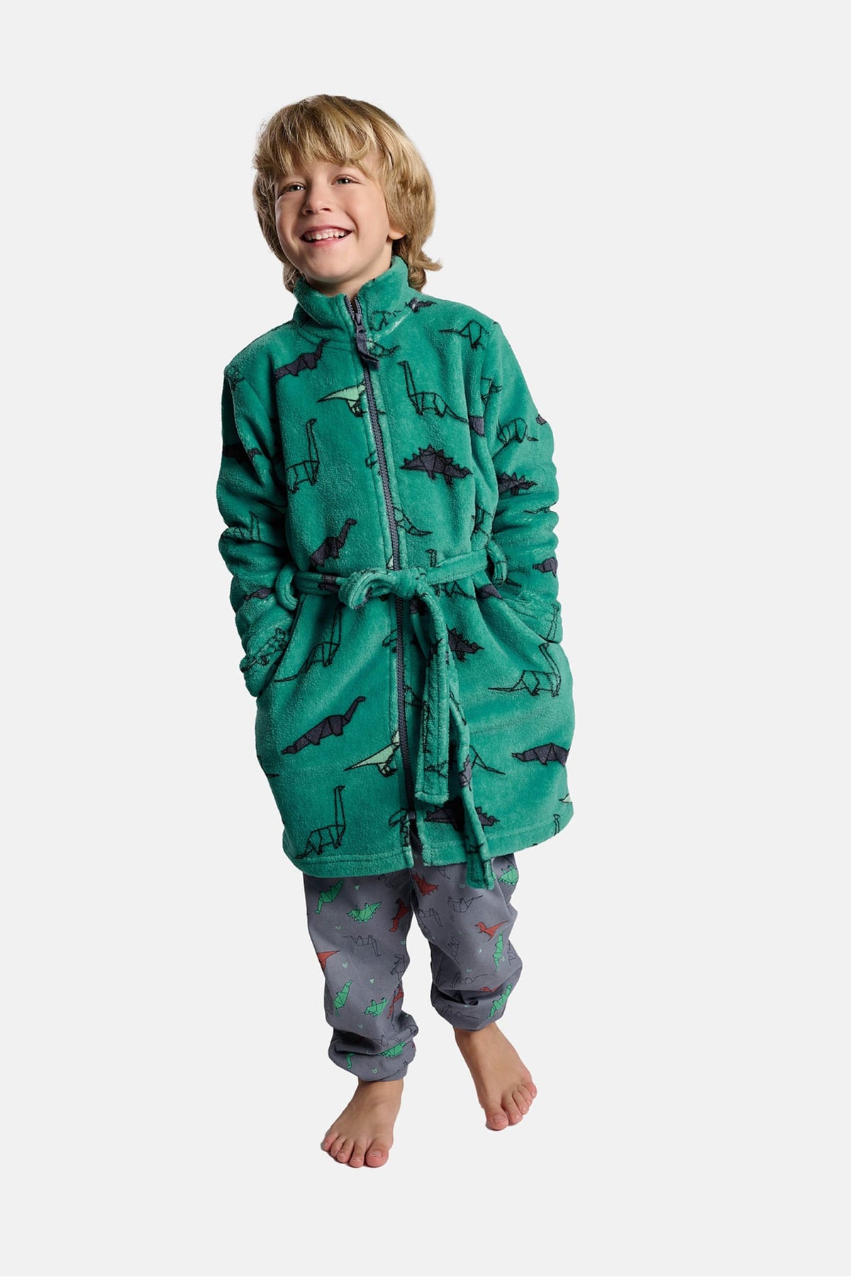 Peignoir garçon polaire corail imprimé dinosaures fermeture zippée
