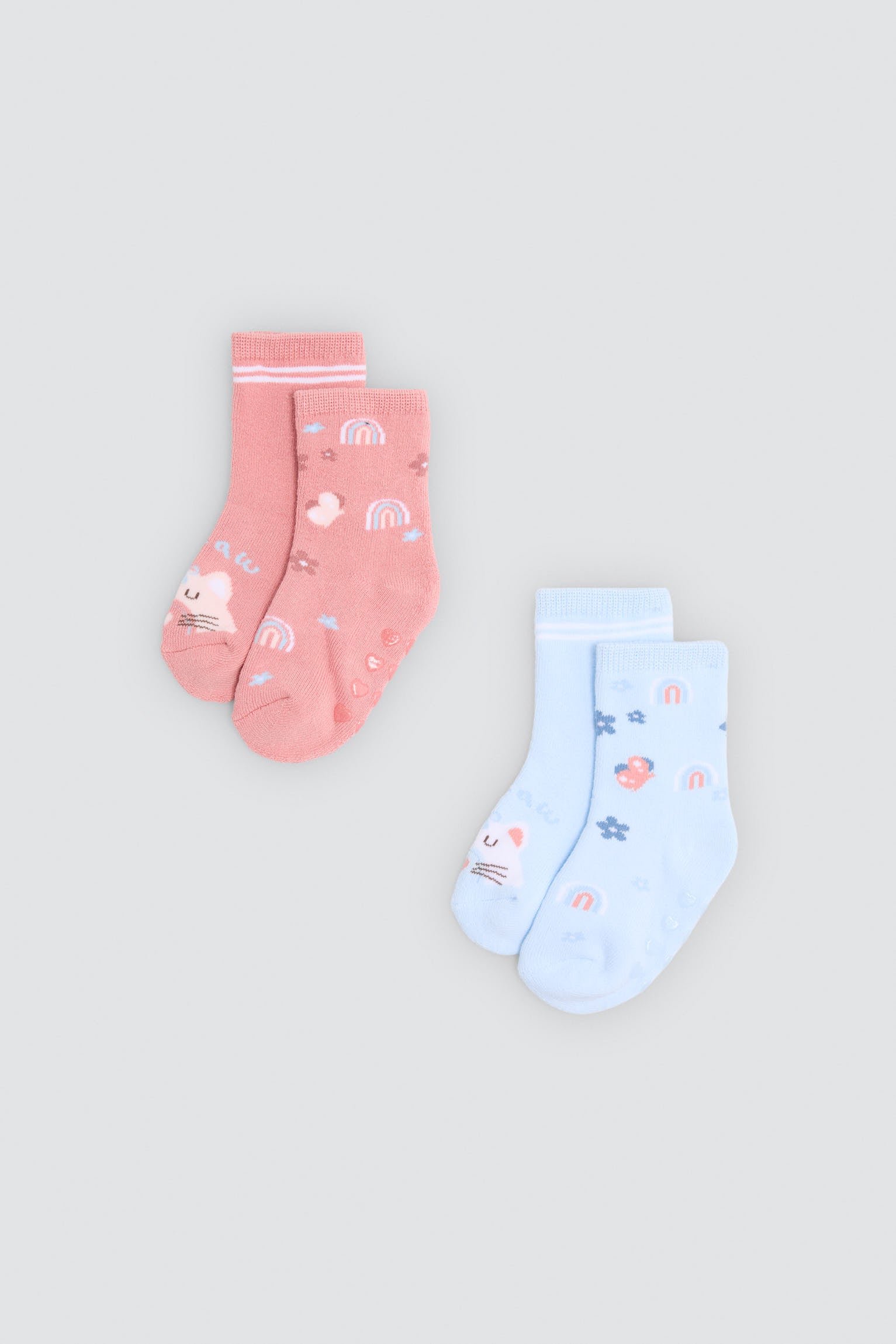 Lot de 2 chaussettes thermiques antidérapantes bébé imprimé chats et arcs-en-ciel