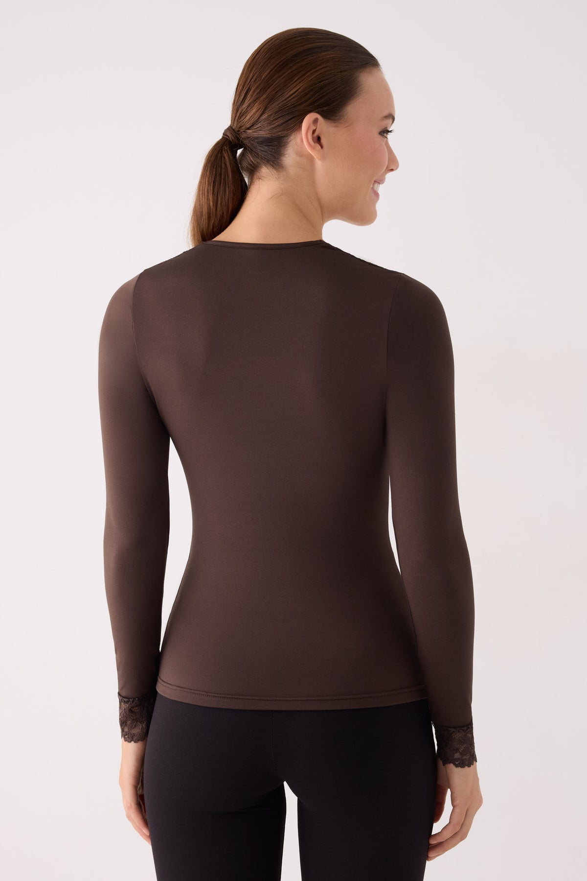 T-shirt THERMAL pour femme, manches longues, col carré, avec dentelle marron