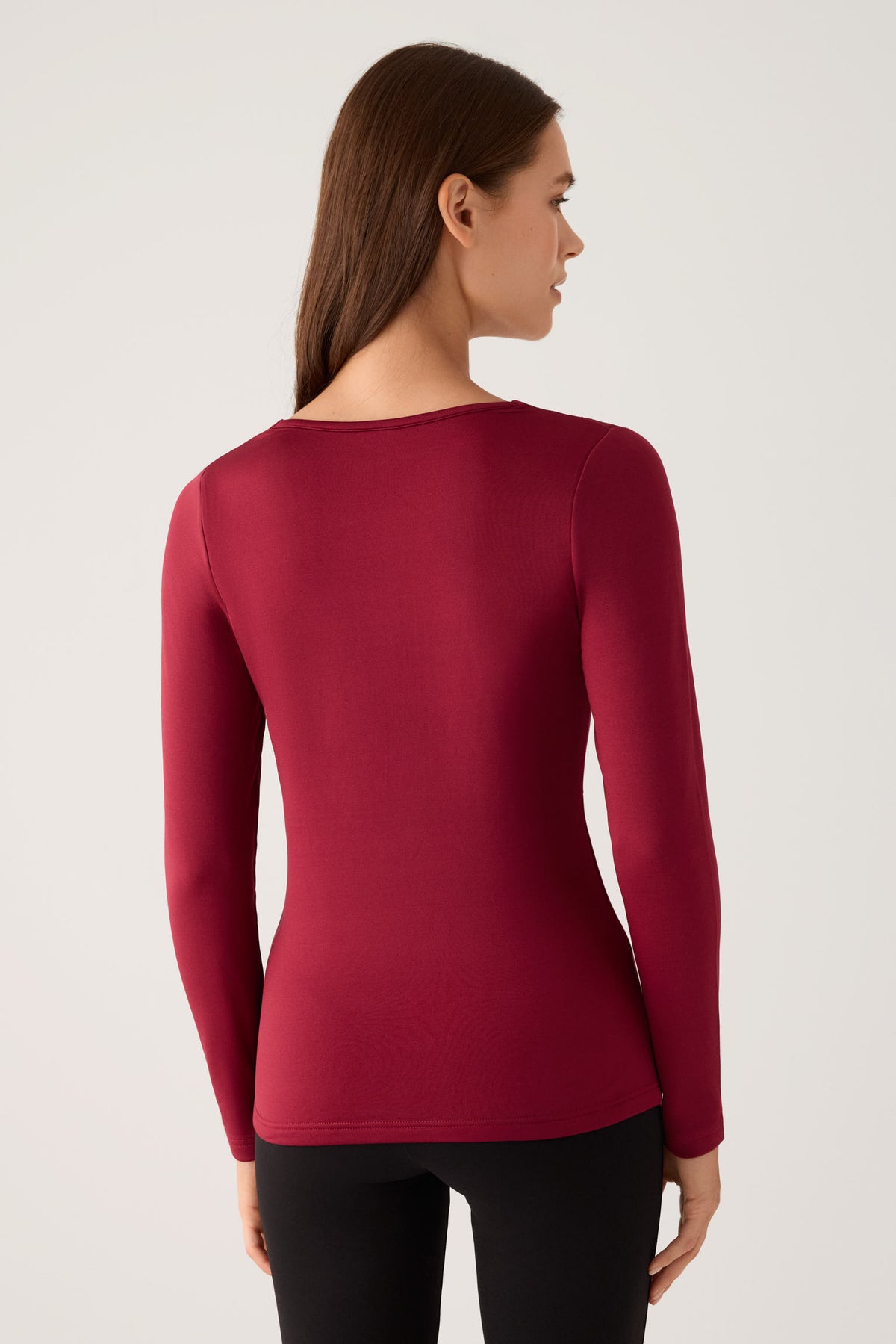 T-shirt thermique à manches longues et col en V pour femme, orné de dentelle bordeaux