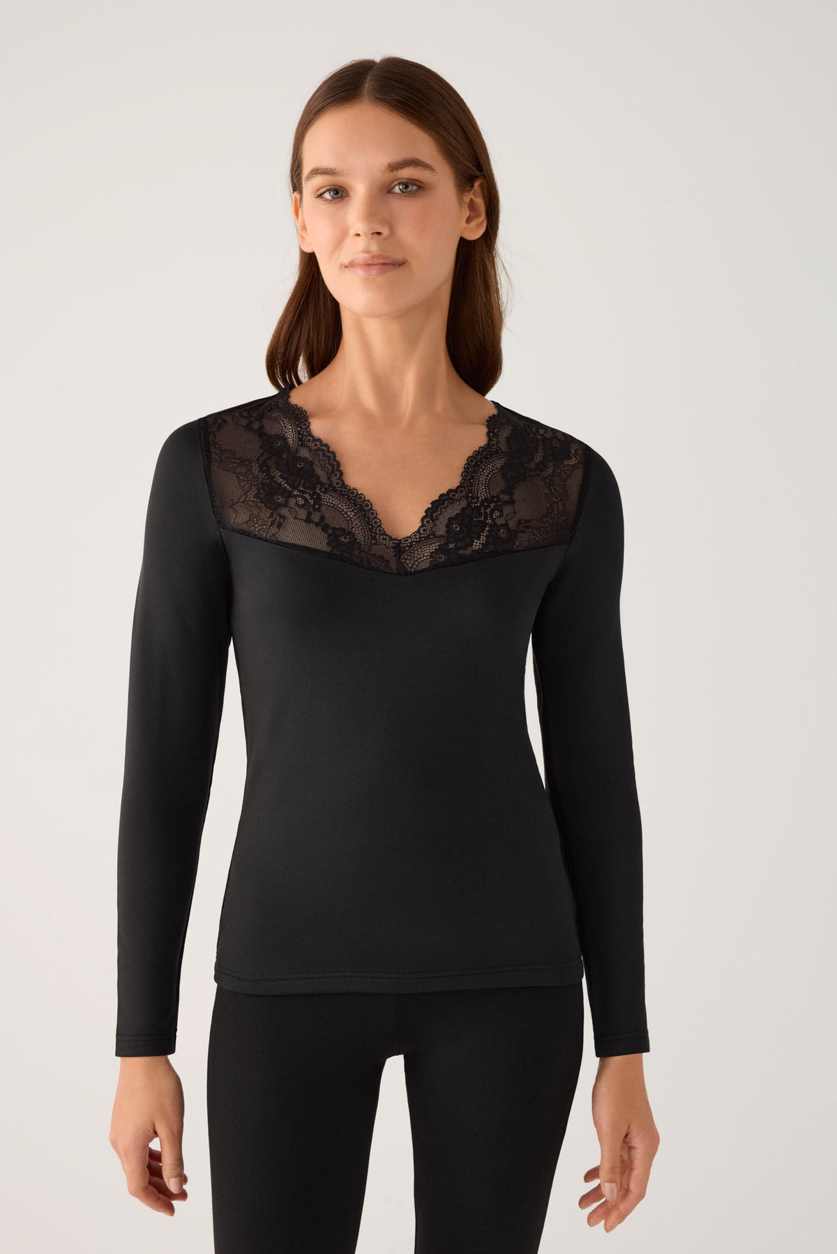 T-shirt à manches longues et col en V pour femme THERMAL avec dentelle noire