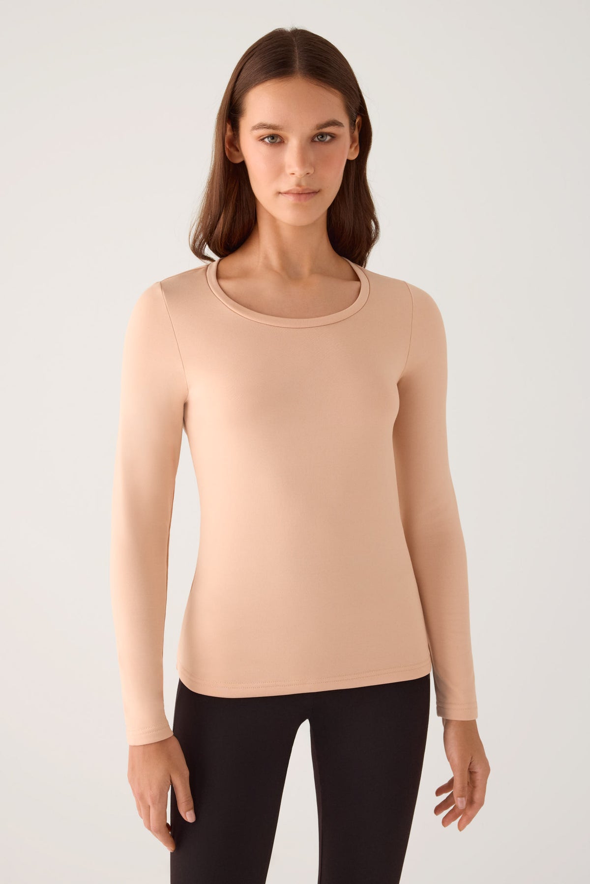 T-shirt THERMAL pour femme, manches longues, col rond, couleur chair