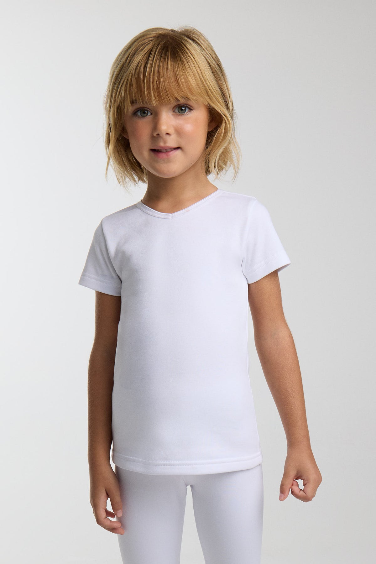 T-shirt thermique léger à manches courtes et col en V pour enfant, blanc