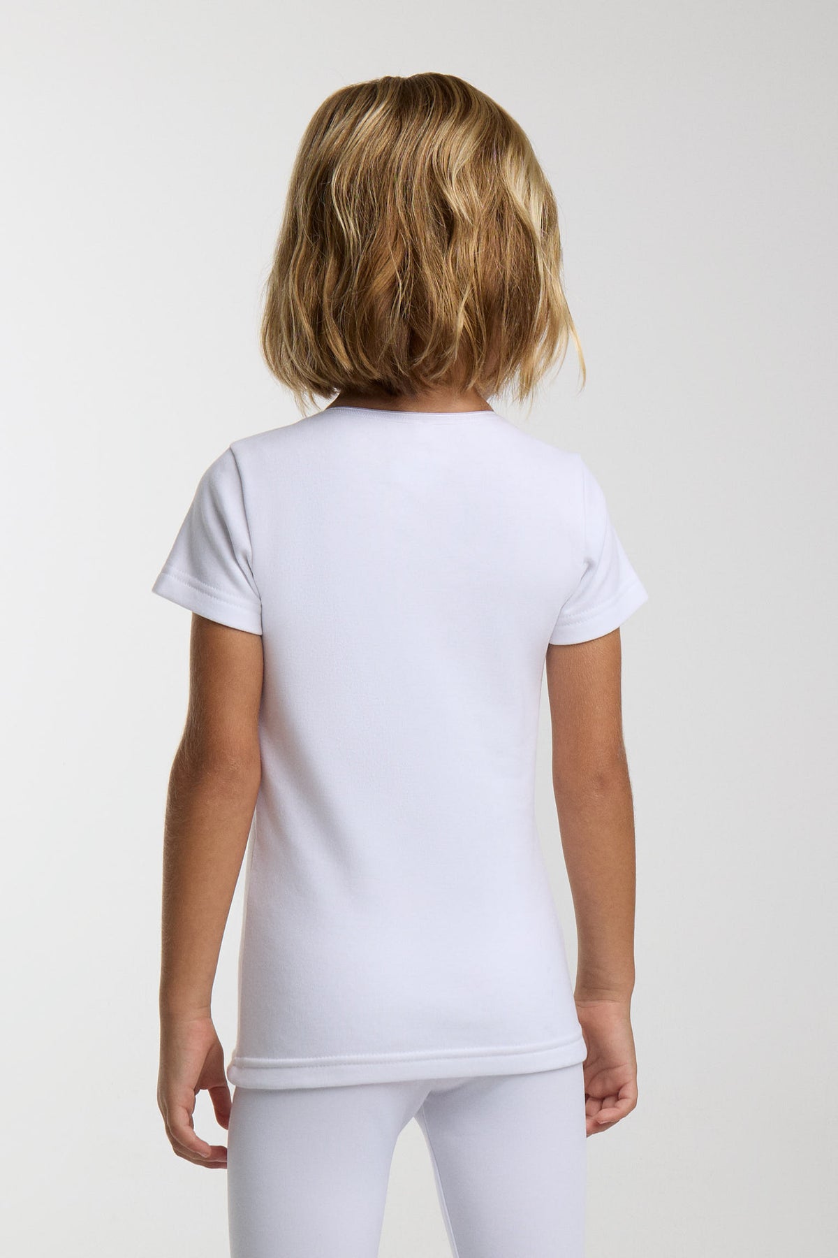 T-shirt thermique léger à manches courtes et col en V pour enfant, blanc
