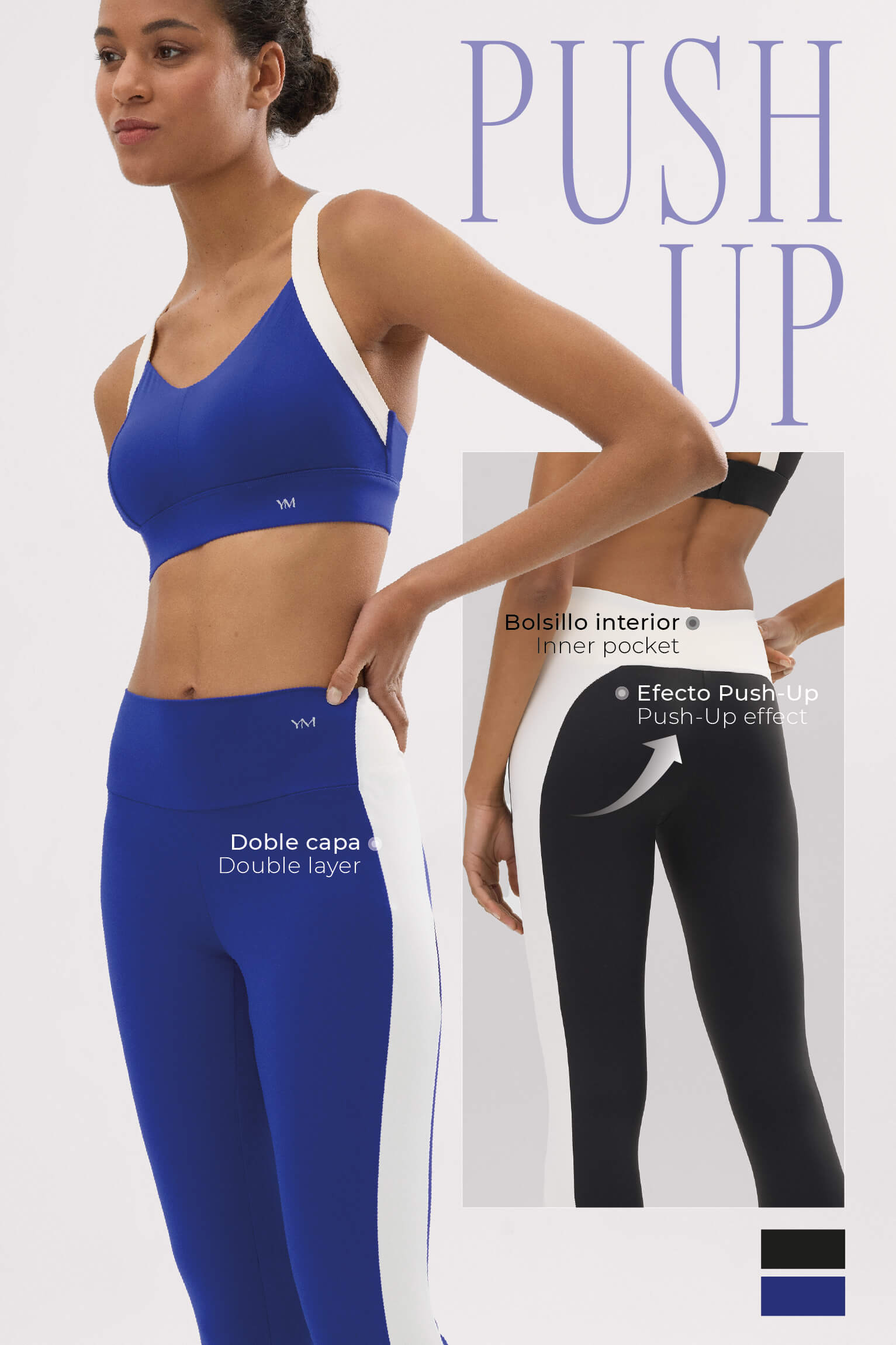 PRÉVENTE Leggings de sport longs bleu indigo effet push-up avec bande contrastante