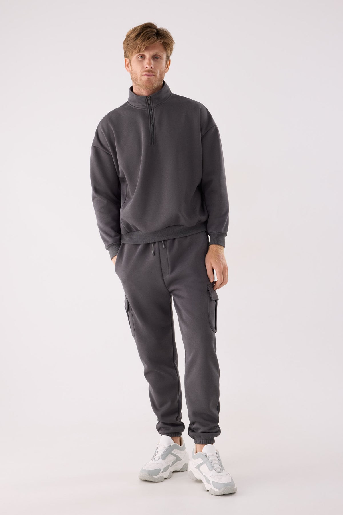 Sweat sport homme anthracite molletonné demi-zip
